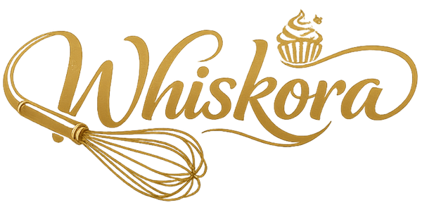 Gold 'Whiskora' logo with a whisk and cupcake icon on a white background